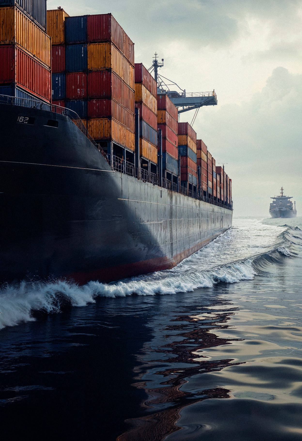 Navio cargueiro cortando o oceano com contêineres empilhados, operação global de comércio exterior