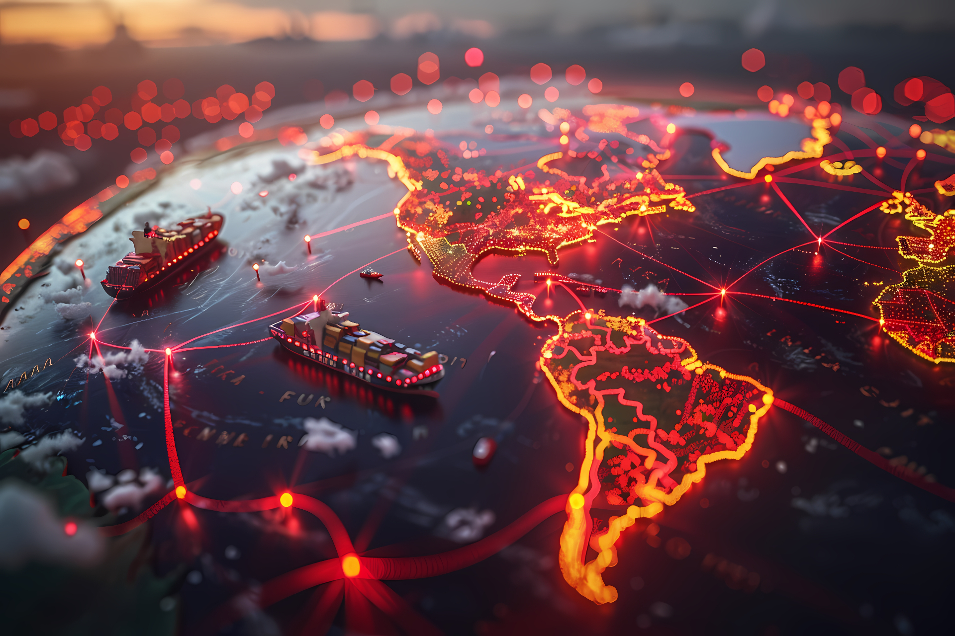 Mapa global iluminado com rotas de comércio internacional e navios cargueiros conectando continentes